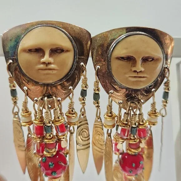 Vintage Rare Tabra "Celestial Moon Face" Dangle Gold Tone Earrings Glass Beads - Picture 5 of 7